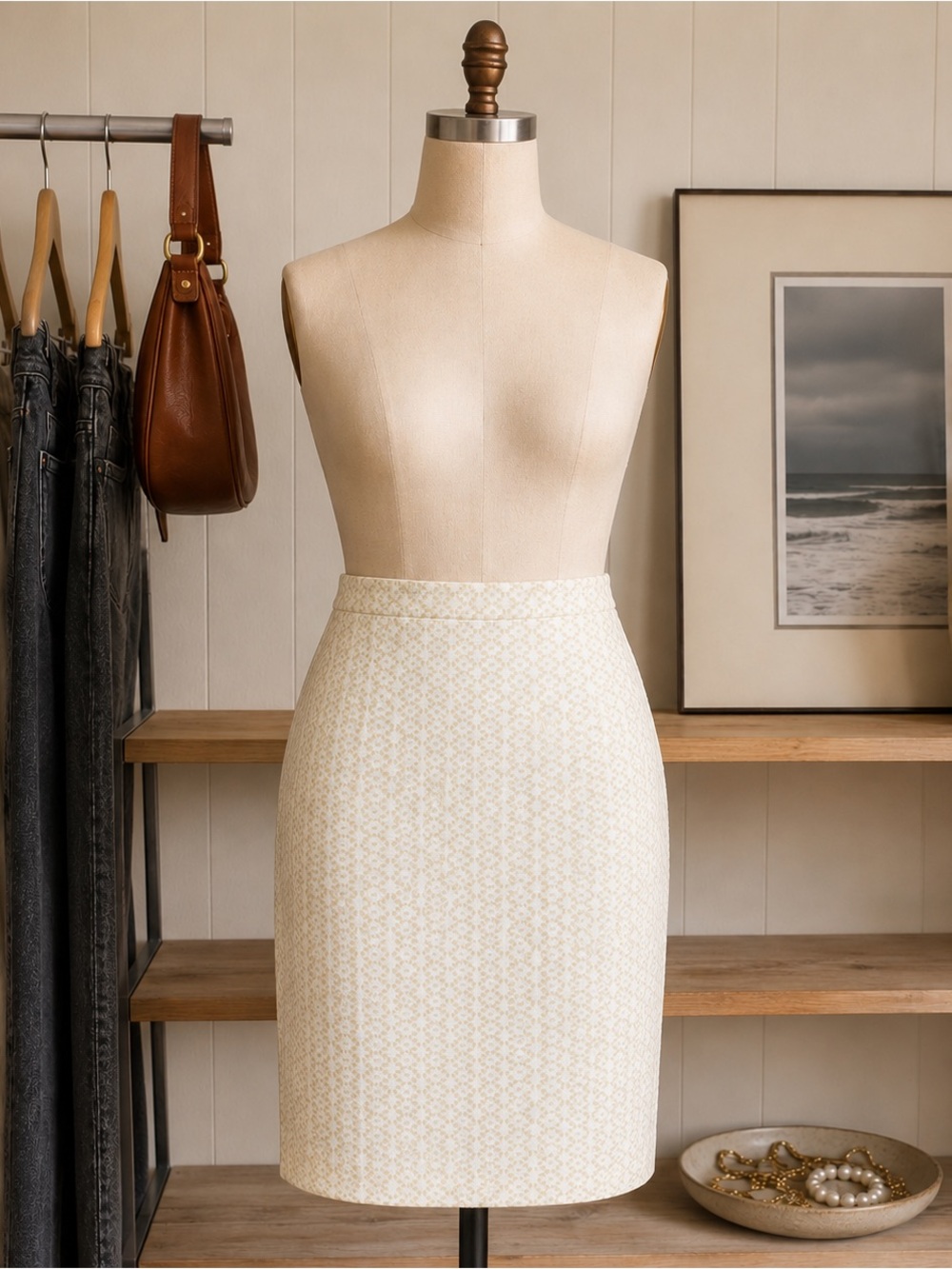 J.Crew Textured Pencil Skirt | Size 6 | Ivory & Beige Geometric Pattern